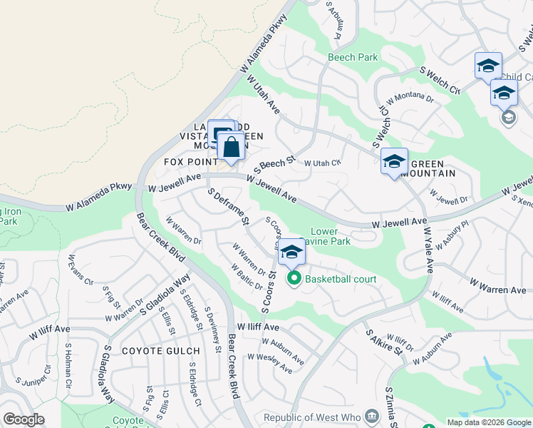 map of restaurants, bars, coffee shops, grocery stores, and more near 2110 South Coors Circle in Lakewood