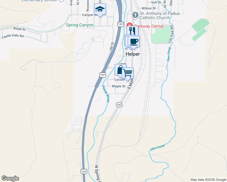 map of restaurants, bars, coffee shops, grocery stores, and more near 564 South 300 West in Helper