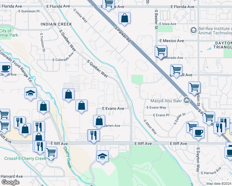map of restaurants, bars, coffee shops, grocery stores, and more near 2024 South Xenia Way in Denver