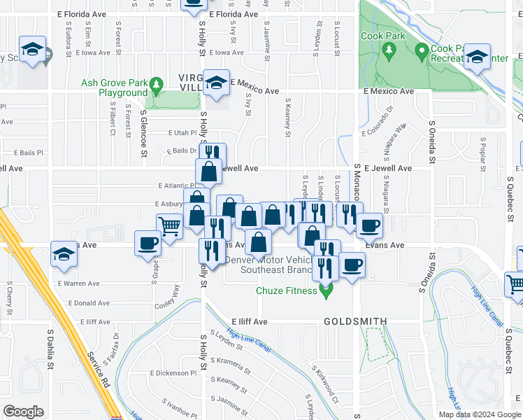 map of restaurants, bars, coffee shops, grocery stores, and more near 5925 East Evans Avenue in Denver