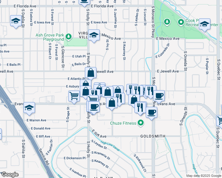 map of restaurants, bars, coffee shops, grocery stores, and more near 5925 East Evans Avenue in Denver