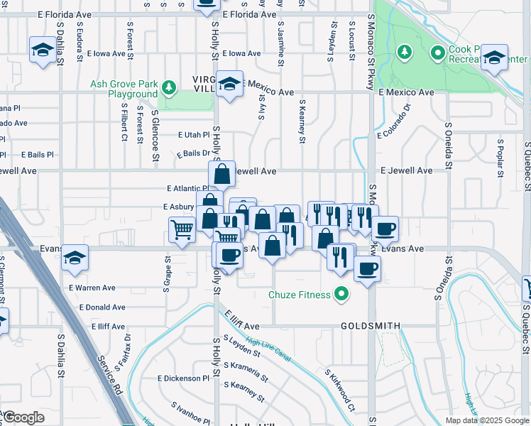 map of restaurants, bars, coffee shops, grocery stores, and more near 5925 East Evans Avenue in Denver