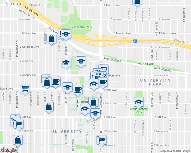 map of restaurants, bars, coffee shops, grocery stores, and more near 2255 East Evans Avenue in Denver