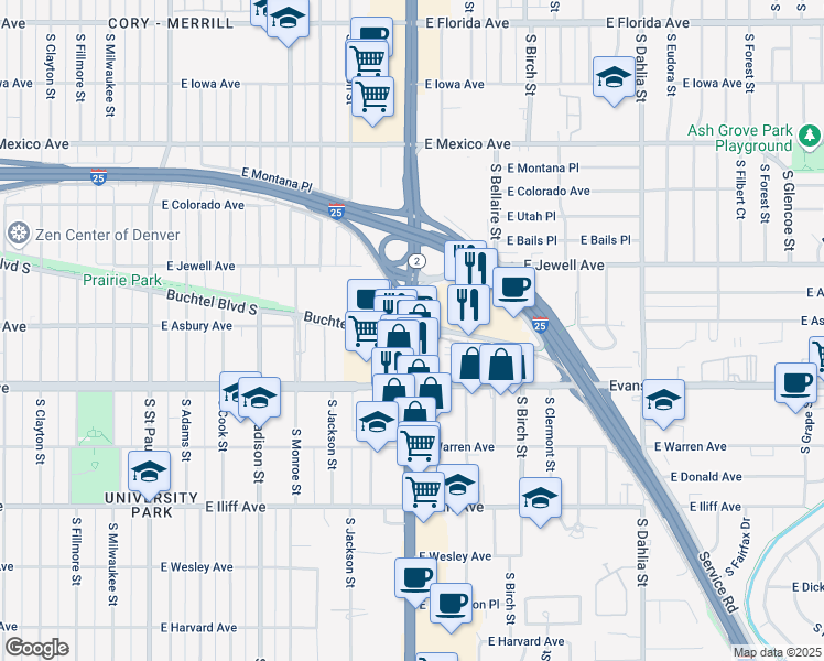 map of restaurants, bars, coffee shops, grocery stores, and more near 2000 Tower Road in Aurora
