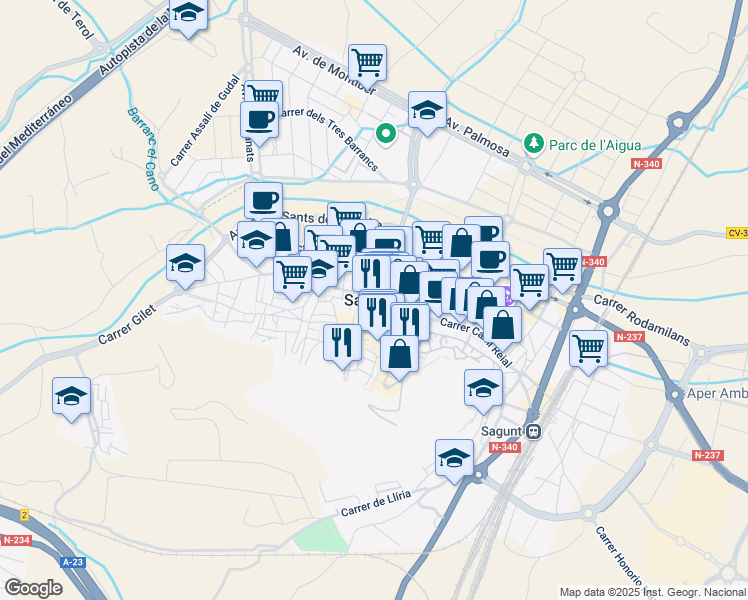 map of restaurants, bars, coffee shops, grocery stores, and more near in Sagunto
