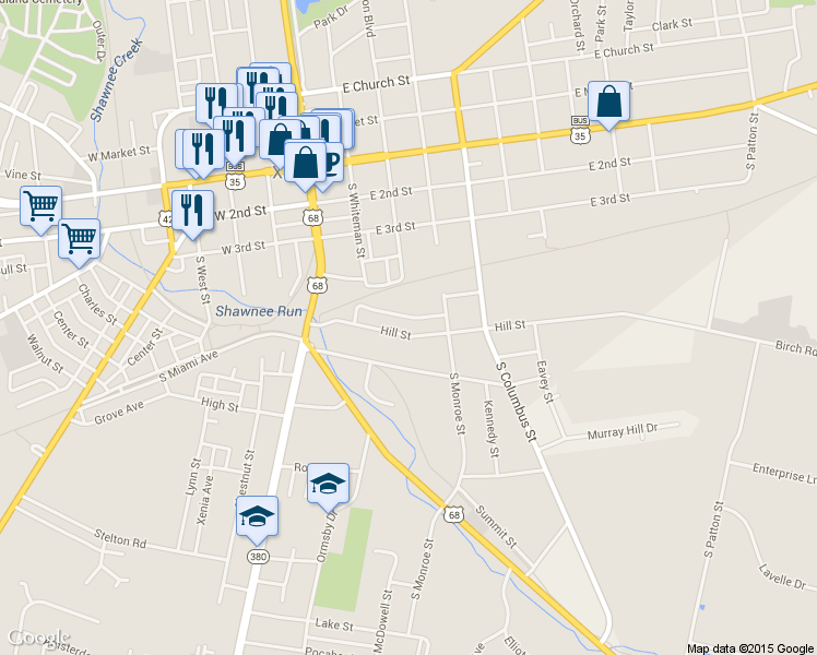 map of restaurants, bars, coffee shops, grocery stores, and more near 226 Hill Street in Xenia