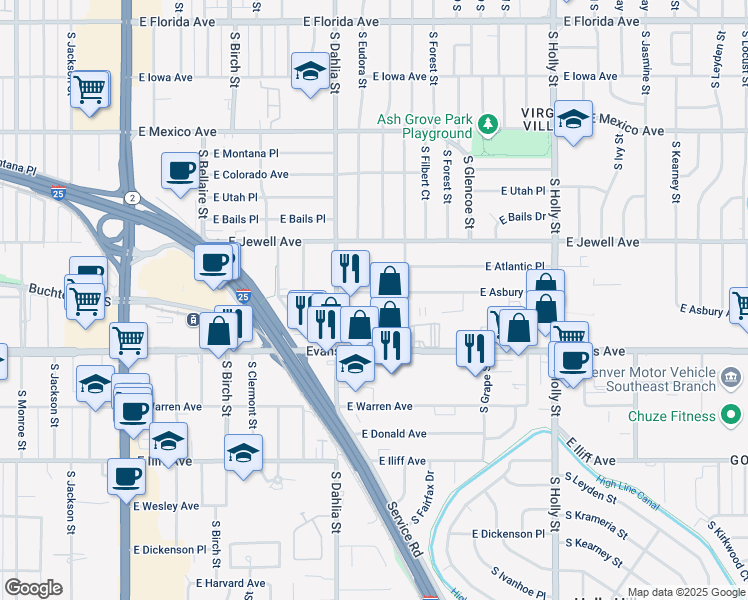 map of restaurants, bars, coffee shops, grocery stores, and more near 4900 East Pacific Place in Denver