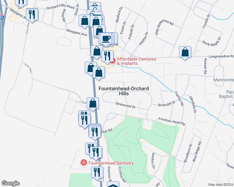 map of restaurants, bars, coffee shops, grocery stores, and more near 18731 Rolling Road in Hagerstown