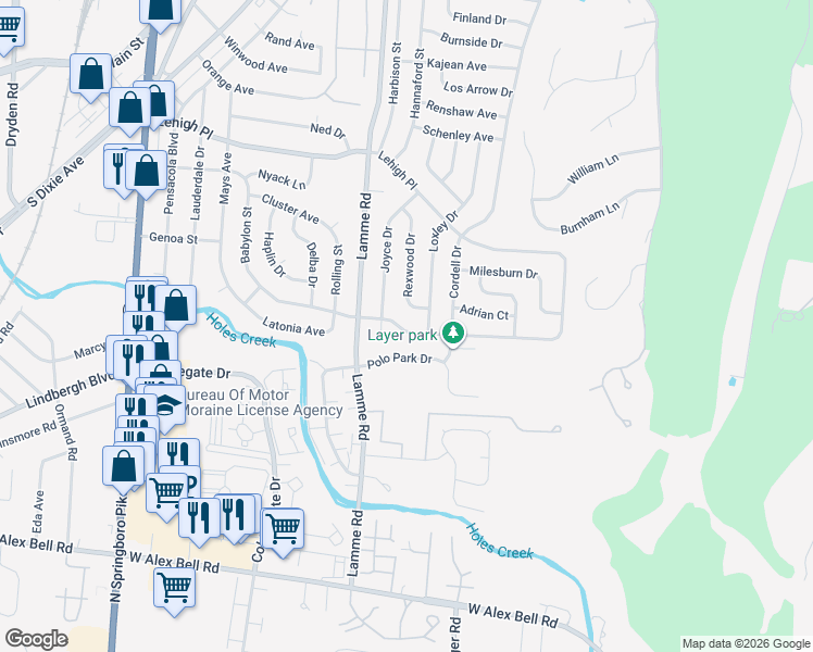 map of restaurants, bars, coffee shops, grocery stores, and more near 2441 Bushwick Drive in Dayton
