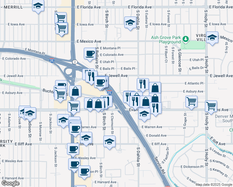 map of restaurants, bars, coffee shops, grocery stores, and more near 4630 East Asbury Circle in Denver