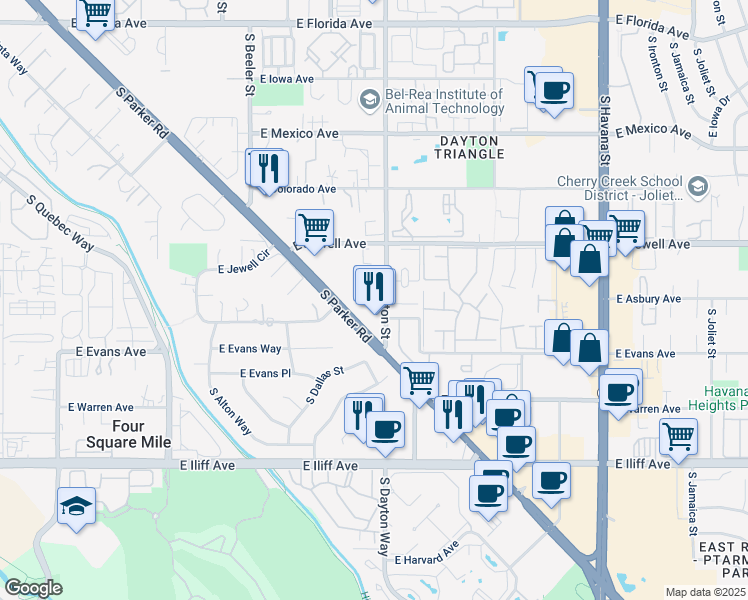 map of restaurants, bars, coffee shops, grocery stores, and more near in Aurora