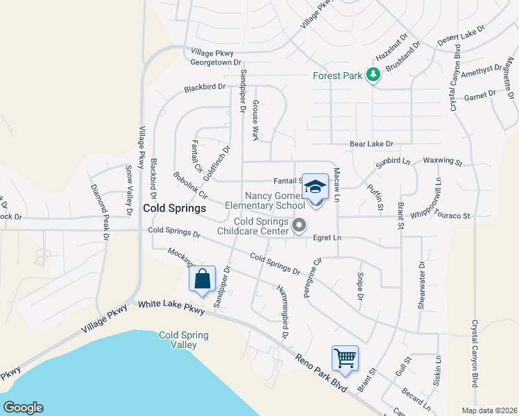 map of restaurants, bars, coffee shops, grocery stores, and more near 17570 Thrush Lane in Reno