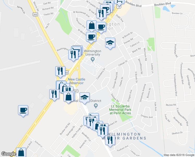 map of restaurants, bars, coffee shops, grocery stores, and more near 110 Colesbery Drive in Wilmington Manor