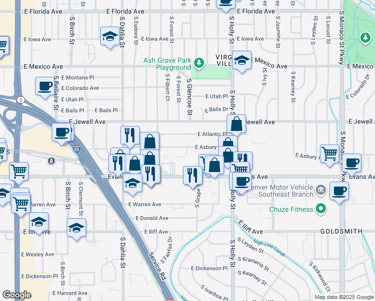 map of restaurants, bars, coffee shops, grocery stores, and more near 5101 East Evans Avenue in Denver