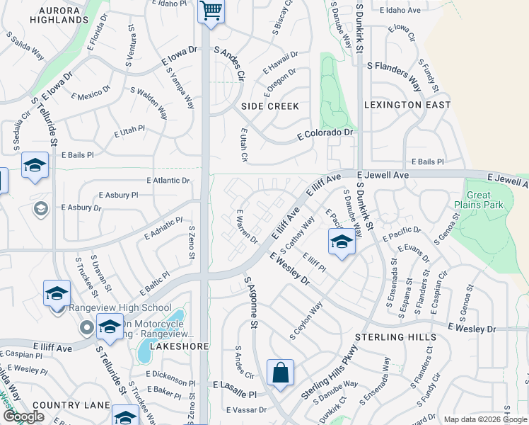 map of restaurants, bars, coffee shops, grocery stores, and more near 18860 East Baltic Place in Aurora