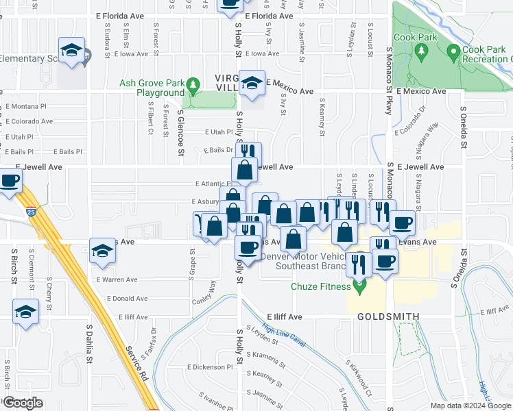 map of restaurants, bars, coffee shops, grocery stores, and more near 5787 East Evans Avenue in Denver