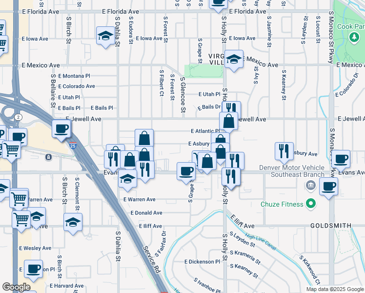 map of restaurants, bars, coffee shops, grocery stores, and more near 5101 East Evans Avenue in Denver