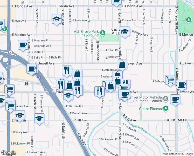 map of restaurants, bars, coffee shops, grocery stores, and more near 5101 East Evans Avenue in Denver