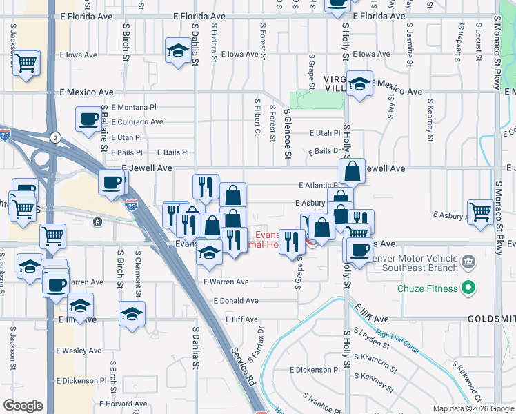 map of restaurants, bars, coffee shops, grocery stores, and more near 5174 East Asbury Avenue in Denver