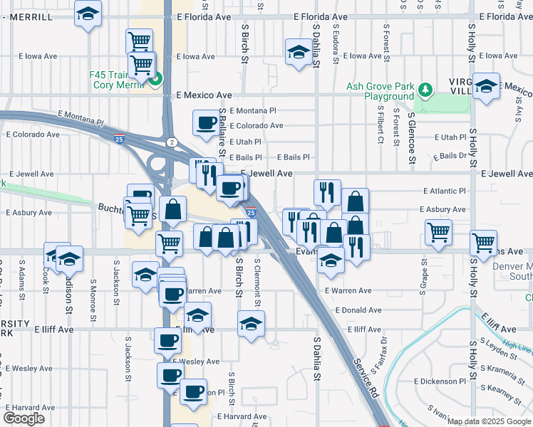 map of restaurants, bars, coffee shops, grocery stores, and more near 4630 East Asbury Circle in Denver