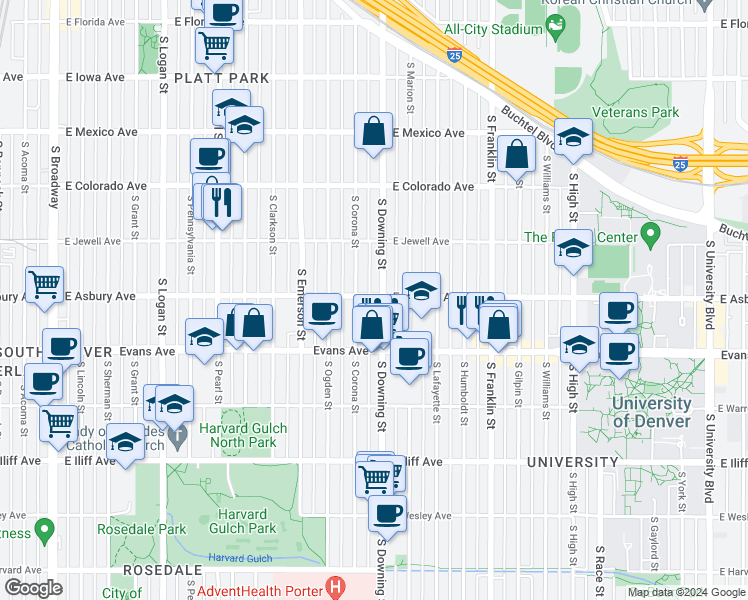 map of restaurants, bars, coffee shops, grocery stores, and more near 2040 South Corona Street in Denver