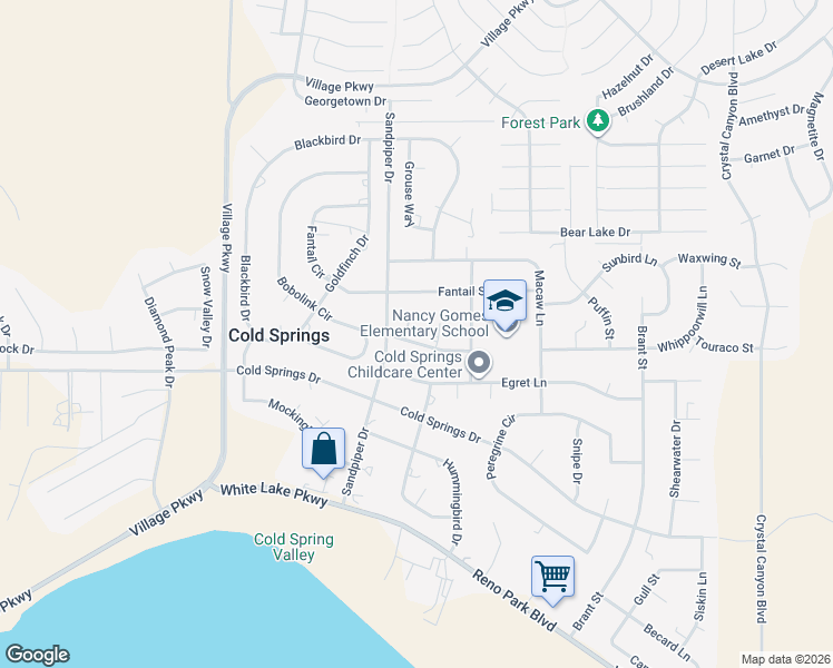 map of restaurants, bars, coffee shops, grocery stores, and more near 17570 Thrush Lane in Reno