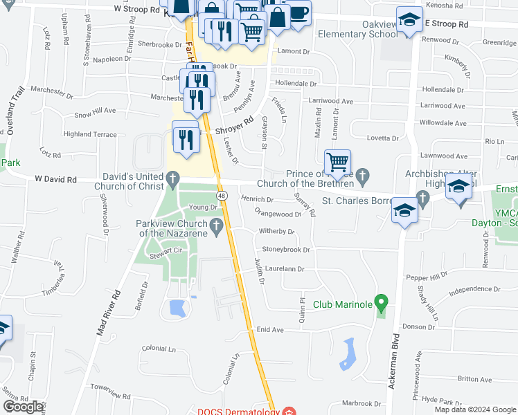 map of restaurants, bars, coffee shops, grocery stores, and more near 311 Orangewood Drive in Dayton
