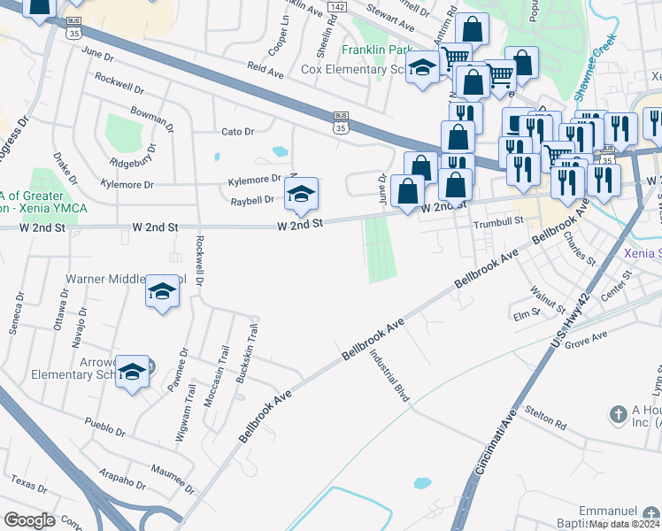 map of restaurants, bars, coffee shops, grocery stores, and more near 1087 West 2nd Street in Xenia