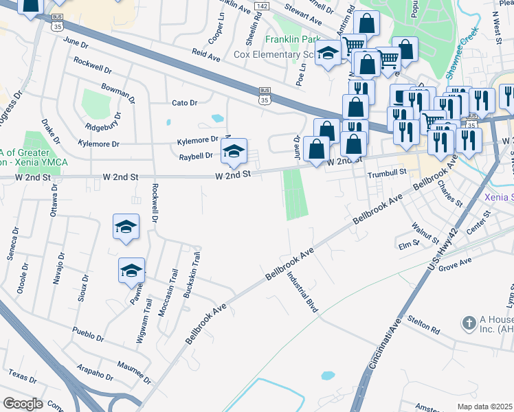 map of restaurants, bars, coffee shops, grocery stores, and more near 1087 West 2nd Street in Xenia