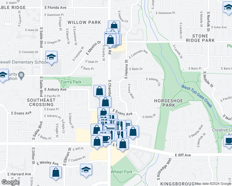 map of restaurants, bars, coffee shops, grocery stores, and more near E Asbury St in Aurora