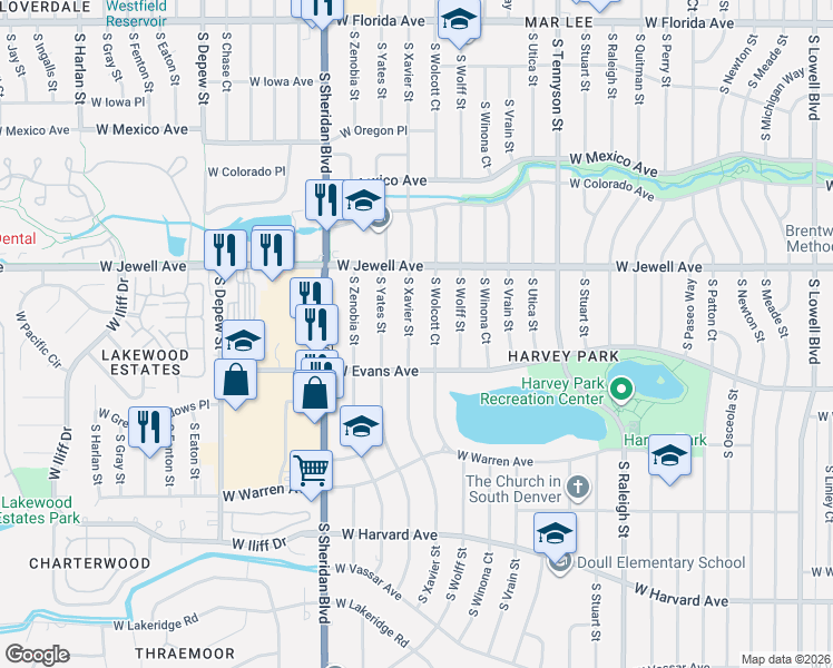 map of restaurants, bars, coffee shops, grocery stores, and more near 4845 West Evans Avenue in Denver