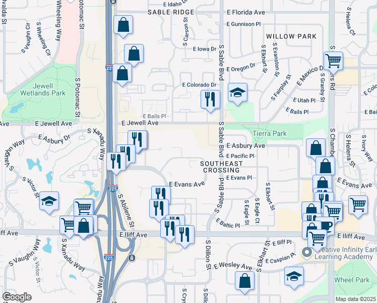 map of restaurants, bars, coffee shops, grocery stores, and more near 14201 East Evans Drive in Aurora