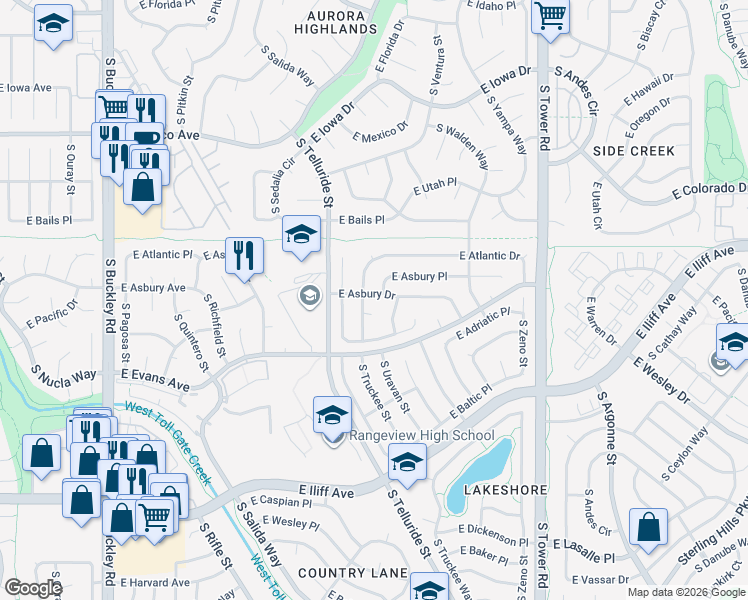 map of restaurants, bars, coffee shops, grocery stores, and more near 2048 South Uravan Street in Aurora