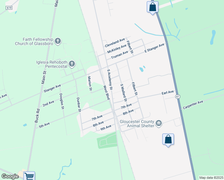 map of restaurants, bars, coffee shops, grocery stores, and more near 1808 South Academy Street in Glassboro