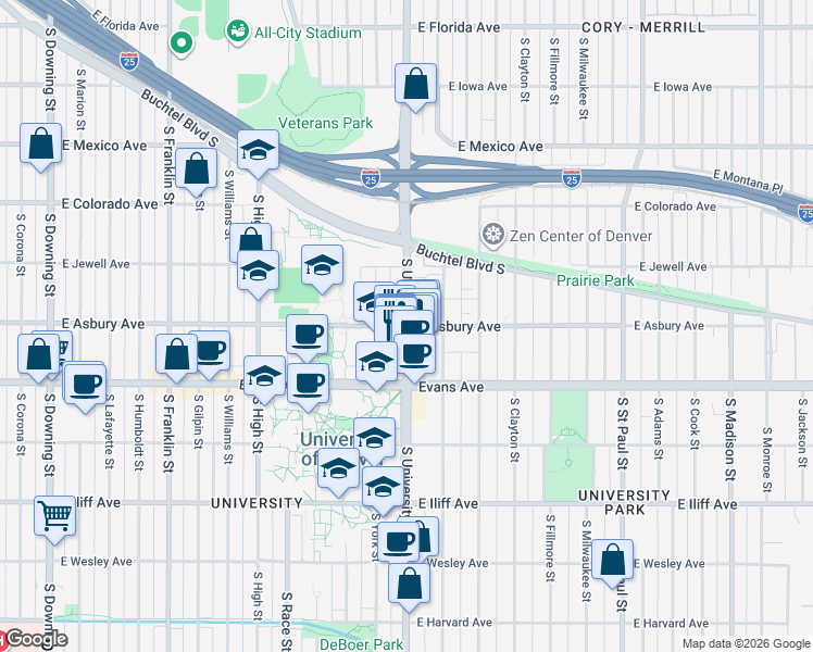 map of restaurants, bars, coffee shops, grocery stores, and more near South University Boulevard & East Asbury Avenue in Denver