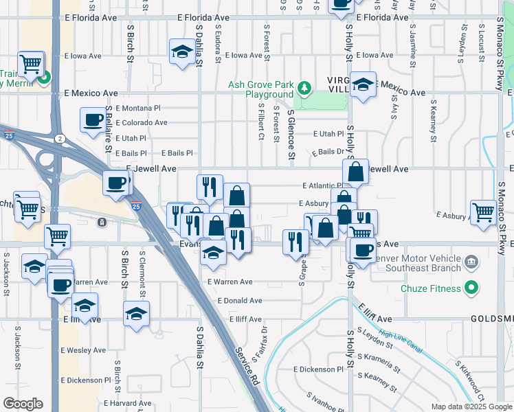 map of restaurants, bars, coffee shops, grocery stores, and more near 5146 East Atlantic Place in Denver