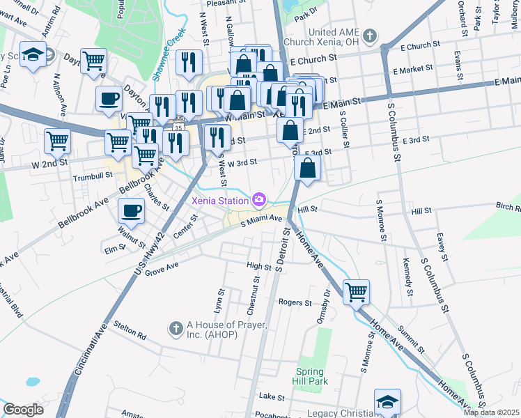 map of restaurants, bars, coffee shops, grocery stores, and more near 150 South Miami Avenue in Xenia