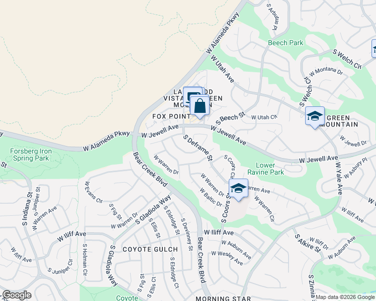 map of restaurants, bars, coffee shops, grocery stores, and more near 13797 West Asbury Circle in Lakewood