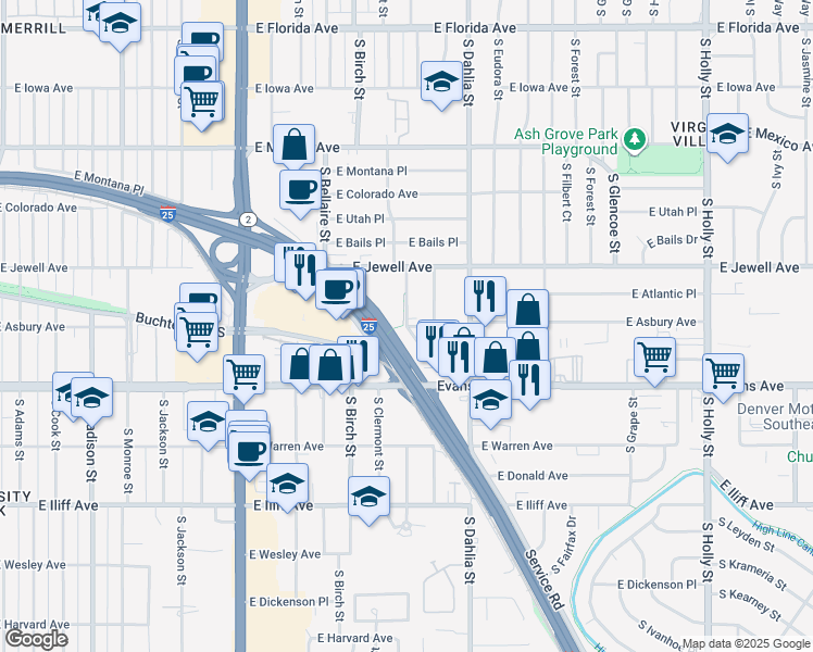 map of restaurants, bars, coffee shops, grocery stores, and more near E Asbury Cir & E Asbury Ave in Denver