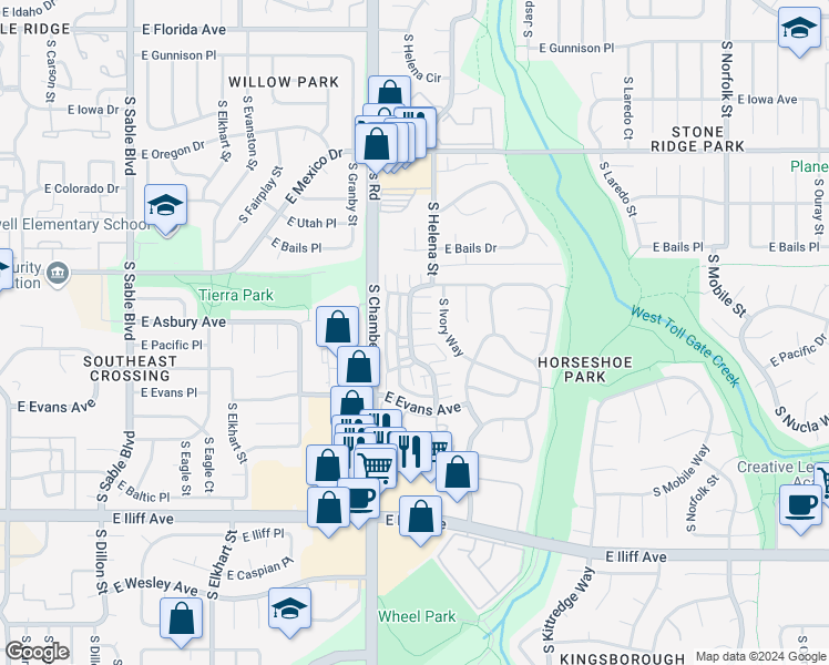 map of restaurants, bars, coffee shops, grocery stores, and more near 1930 South Helena Street in Aurora