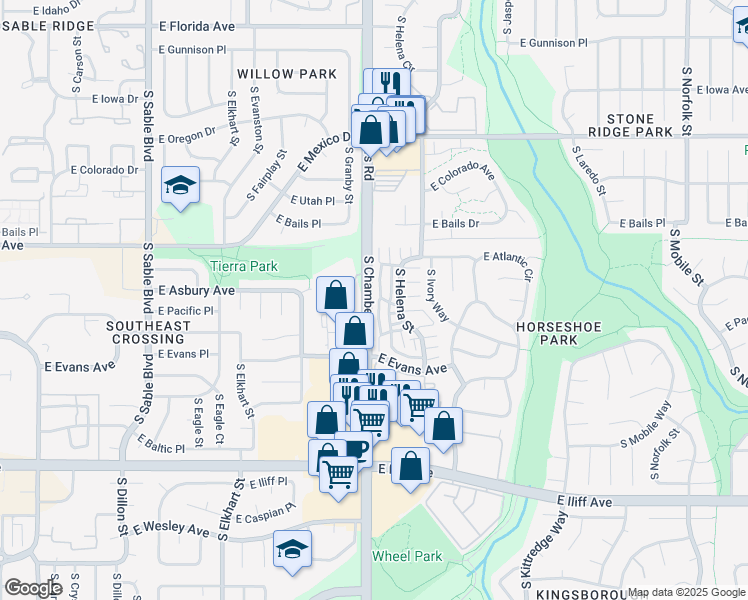 map of restaurants, bars, coffee shops, grocery stores, and more near 1920 South Hannibal Street in Aurora