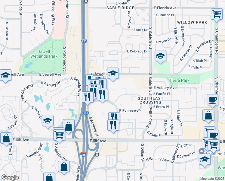 map of restaurants, bars, coffee shops, grocery stores, and more near 14190 East Jewell Avenue in Aurora