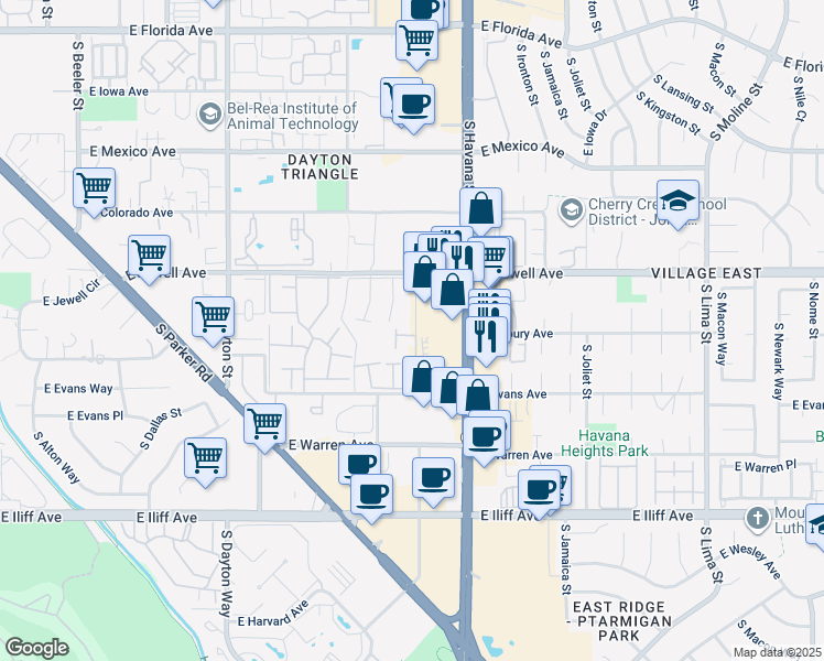 map of restaurants, bars, coffee shops, grocery stores, and more near 91 East Jewell Avenue in Aurora