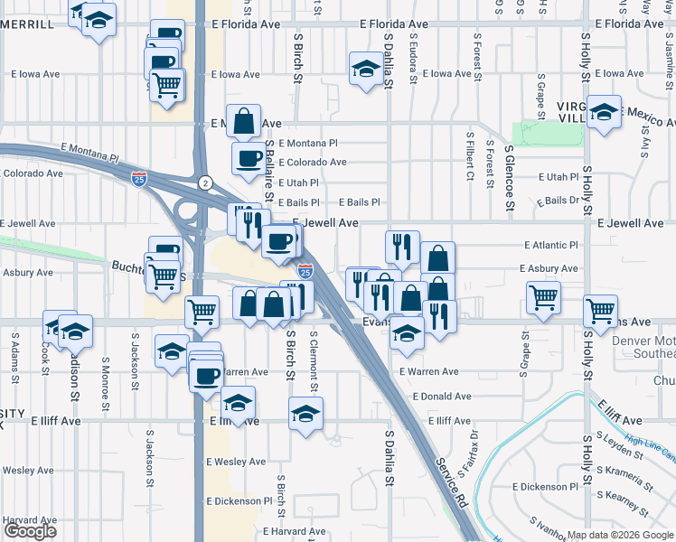 map of restaurants, bars, coffee shops, grocery stores, and more near 4600 East Asbury Circle in Denver