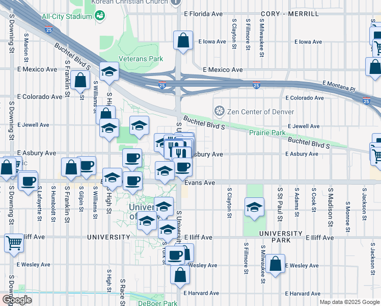 map of restaurants, bars, coffee shops, grocery stores, and more near 1955 South Josephine Street in Denver