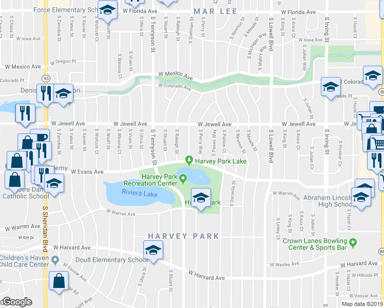 map of restaurants, bars, coffee shops, grocery stores, and more near 2005 South Perry Way in Denver