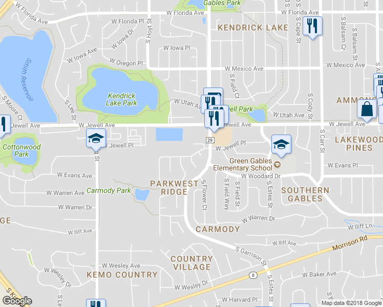 map of restaurants, bars, coffee shops, grocery stores, and more near 9225 West Jewell Place in Lakewood