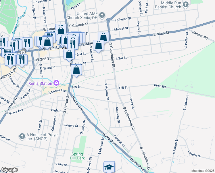 map of restaurants, bars, coffee shops, grocery stores, and more near 329 Orient Avenue in Xenia