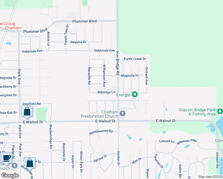 map of restaurants, bars, coffee shops, grocery stores, and more near County Road 1 3/4 West in Chatham