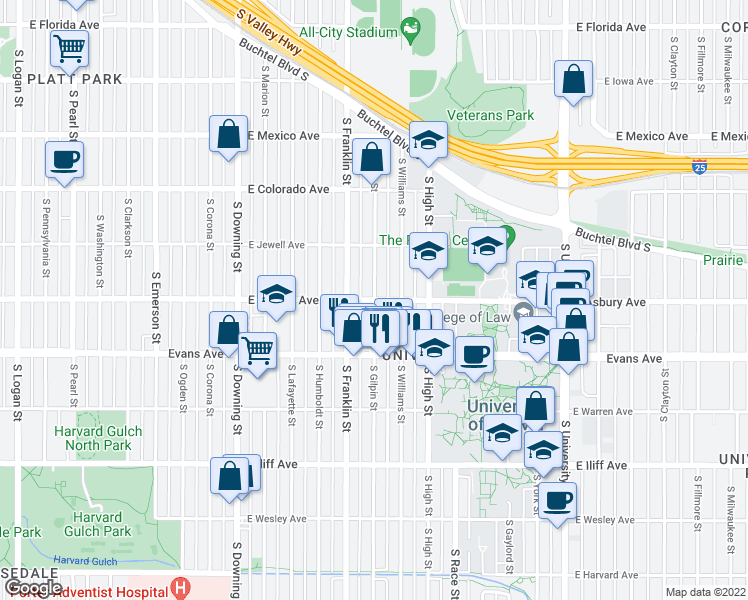 map of restaurants, bars, coffee shops, grocery stores, and more near S Gilpin St & E Asbury Ave in Denver
